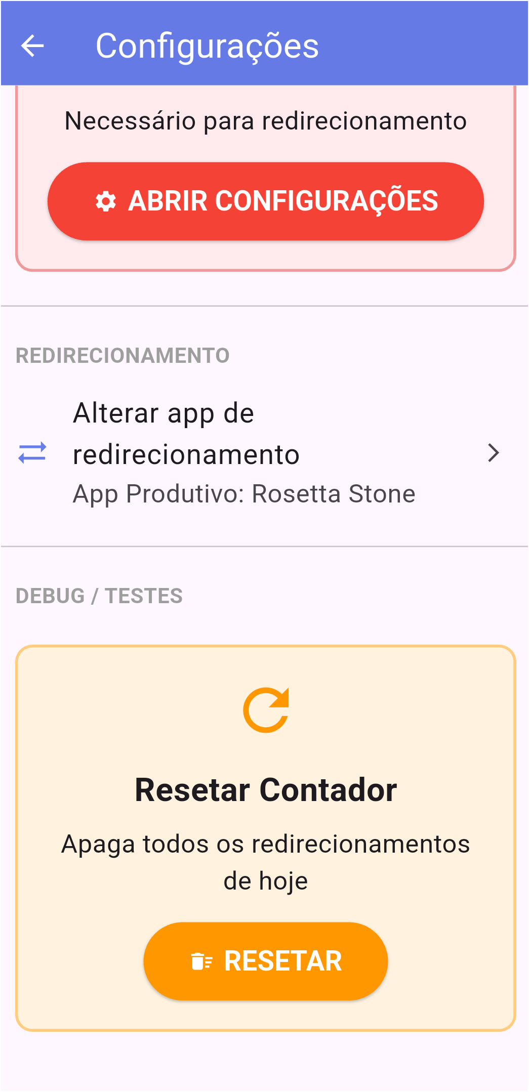Configurações - redirecionamento
